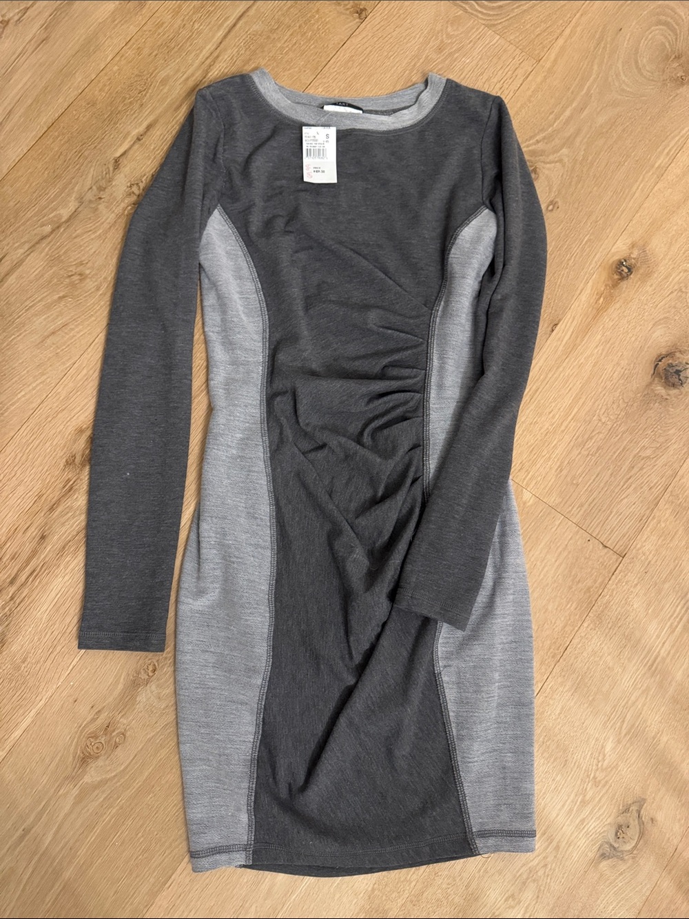 A Pea in the Pod - Two-Tone Gray Ruched Midi Maternity Dress